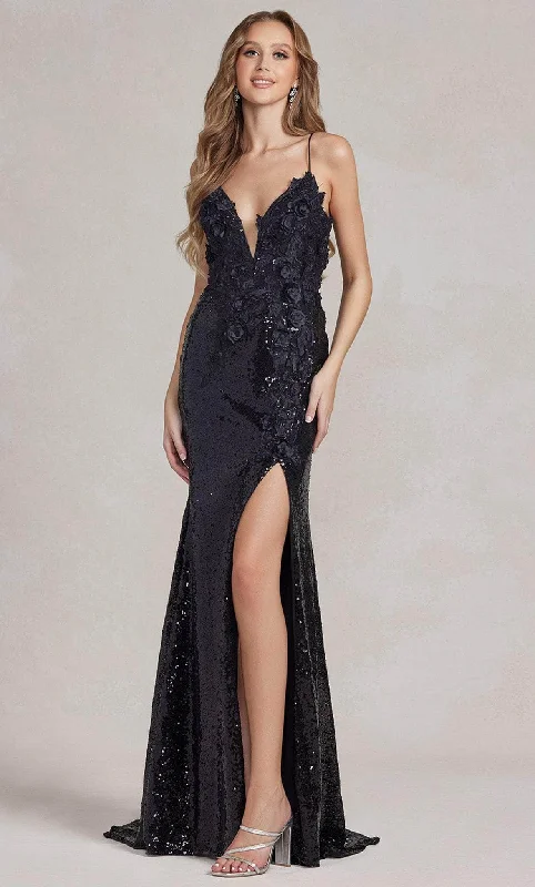 women's flutter-sleeved dressesNox Anabel R1207 - Applique Sequin Evening Dress