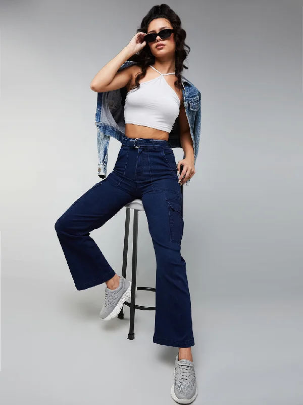 women's denim jeans for a cozy weekend24/7 Comfort Women's Navy Blue Wide leg High rise Clean Look Regular Stretchable Cargo Denim Jeans