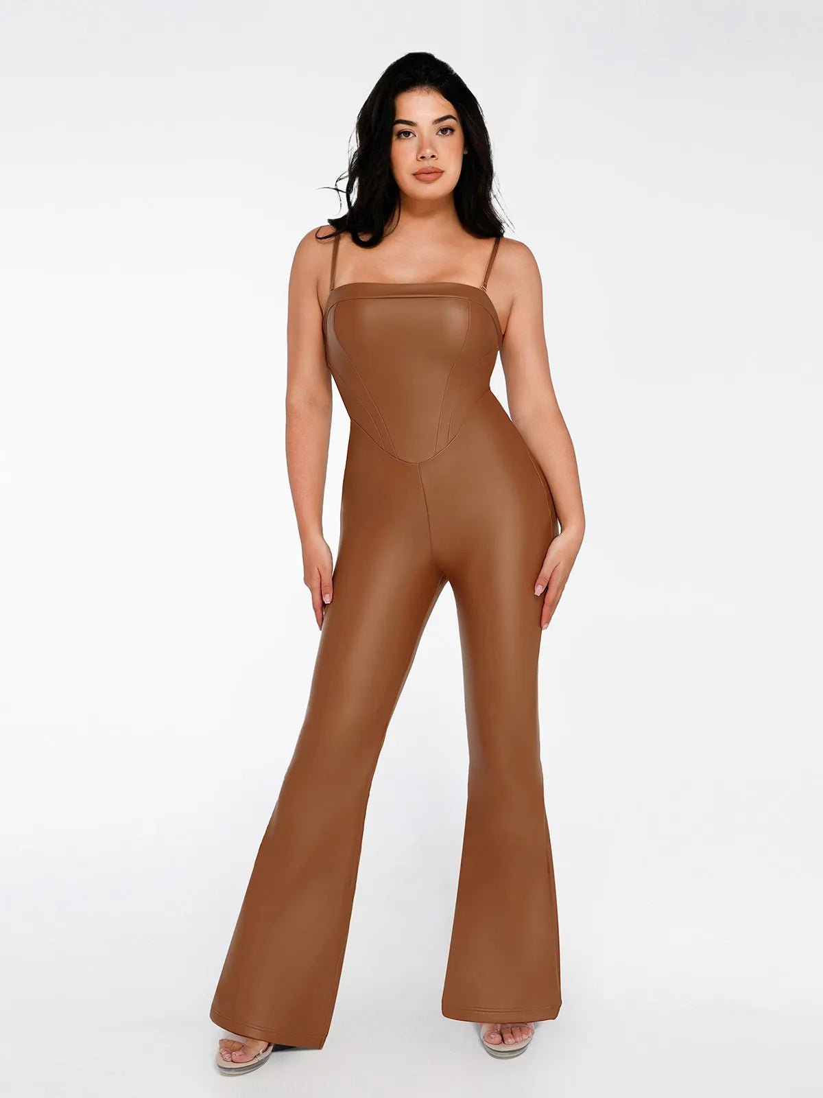 women's jumpsuits with off-the-shoulder necksShapewear Faux Leather Corset Bodice Slimming Jumpsuit