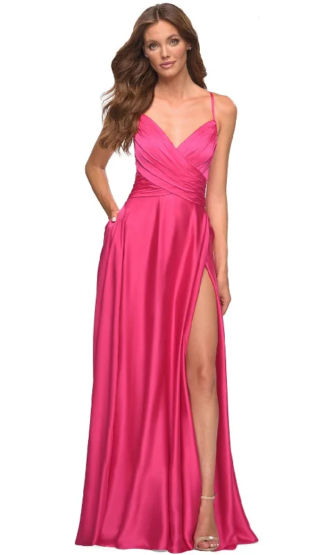 women's midi dressesLa Femme 30616 - Ruched V-Neck Evening Dress