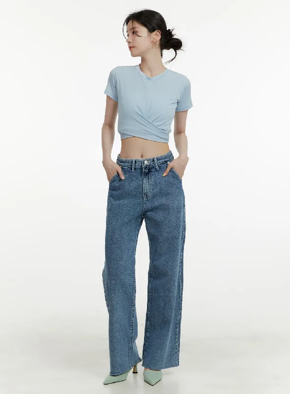 women's denim jeans with embroidered back pocketsWashed Denim Straight Leg Jeans OA405