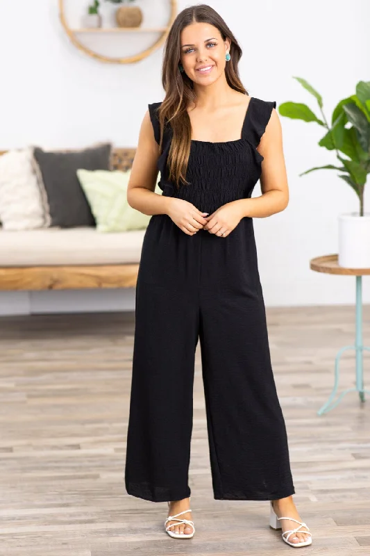 women's jumpsuits for travelBlack Smocked Bodice Ruffle Strap Jumpsuit