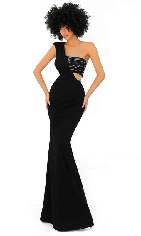 women's fashionable dressesTarik Ediz - 51058 One Shoulder Draped Bodice Evening Dress