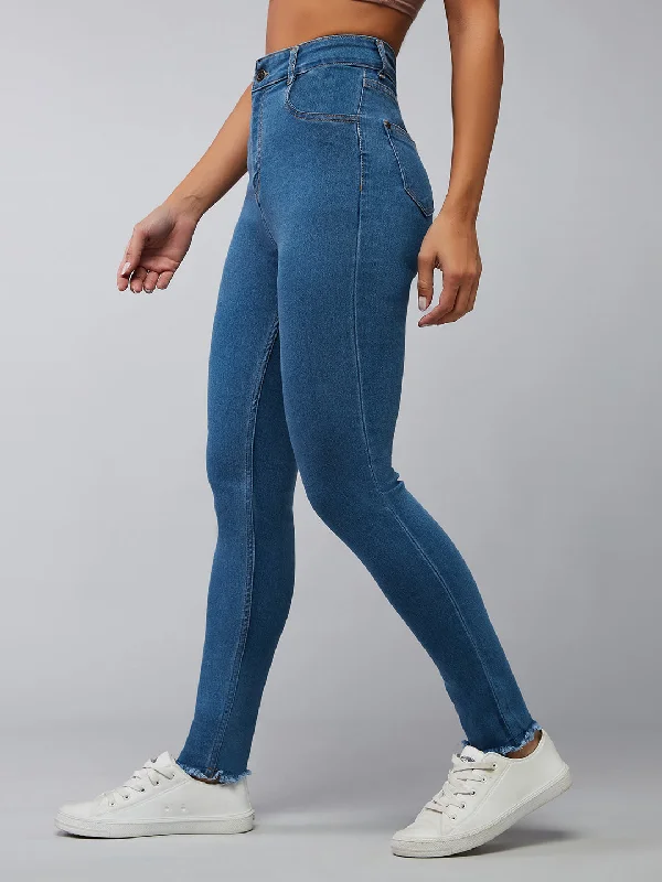 women's denim jeans with raw hemsWomen's Blue Skinny High Rise Cropped Length Fringe Detailing Stretchable Denim Jeans