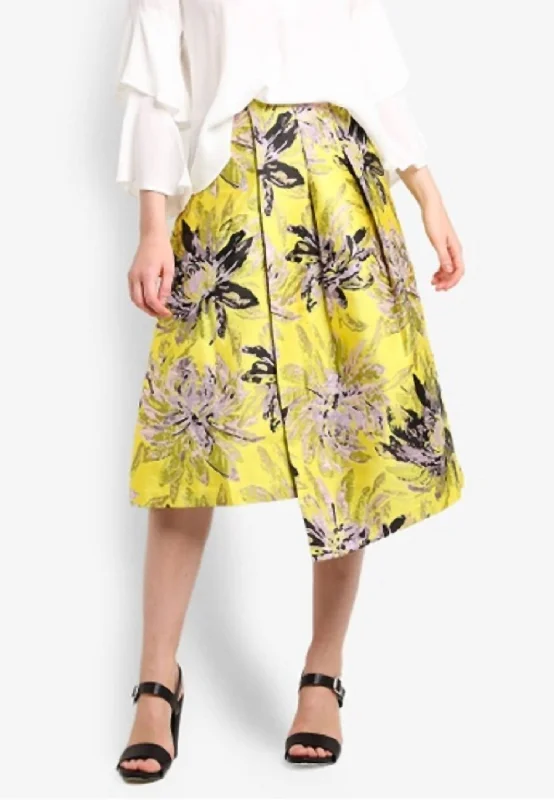 women's warm party skirtsJacquard Floral Midi Asymmetrical Midi Skirt In Yellow