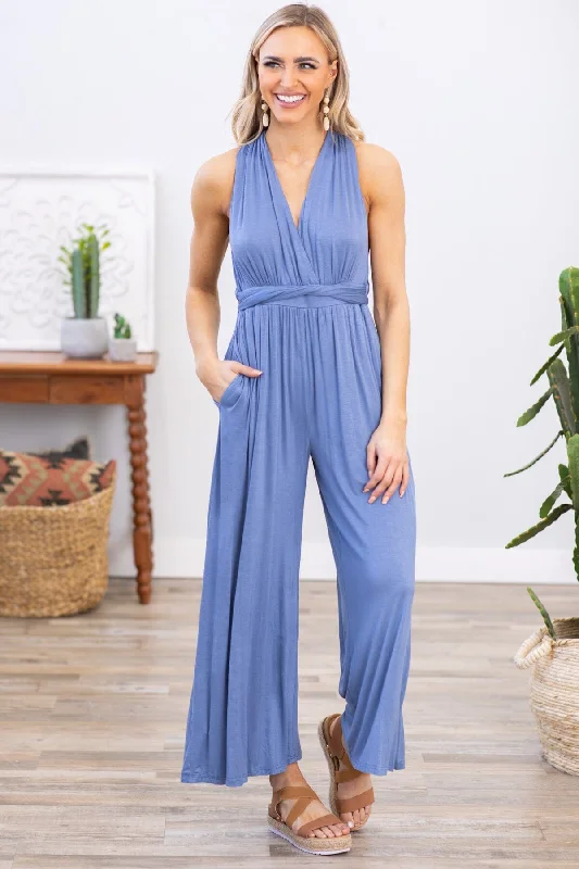 women's jumpsuits with striped patternsDusty Blue Convertible Strap Wide Leg Jumpsuit