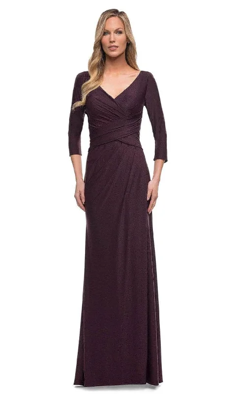 women's petite dressesLa Femme - Ruche-Ornate V-Neck Evening Dress 29223SC