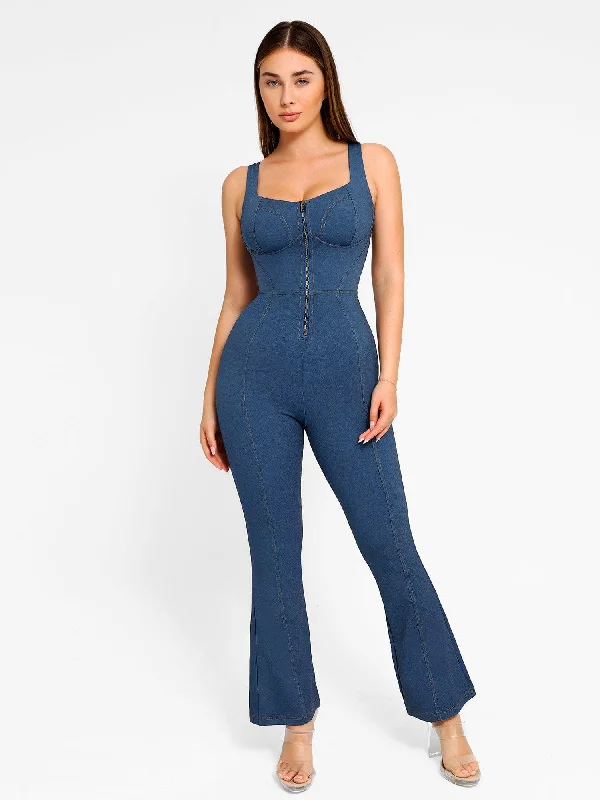 women's jumpsuits with Peter Pan collarsShapewear Sculpting Denim Tank Flare Leg Jumpsuit