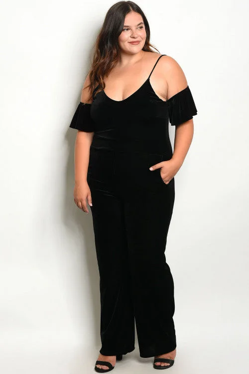 women's jumpsuits with bow tiesBlack Velvet Cold Shoulder Plus Size Jumpsuit