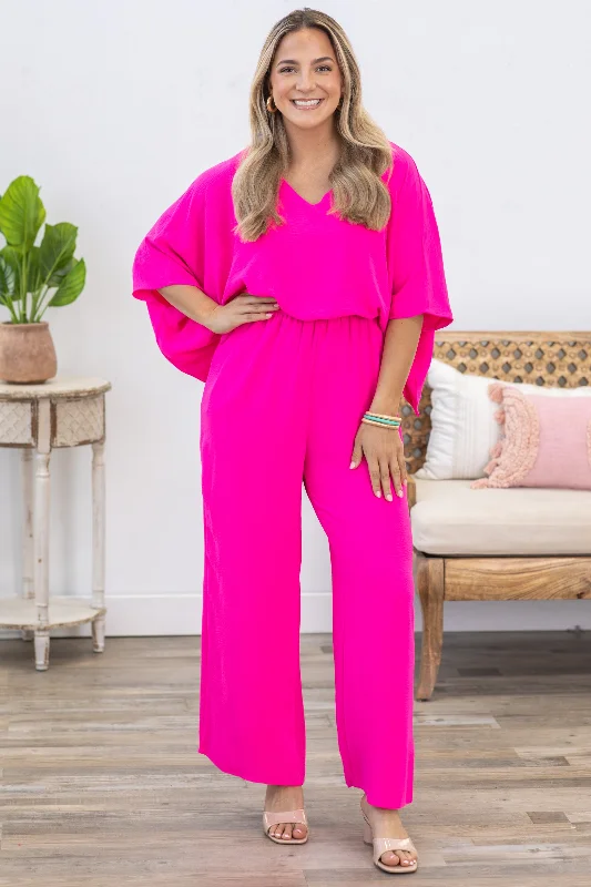 women's jumpsuits made of velvetHot Pink Solid Dolman Sleeve Woven Jumpsuit