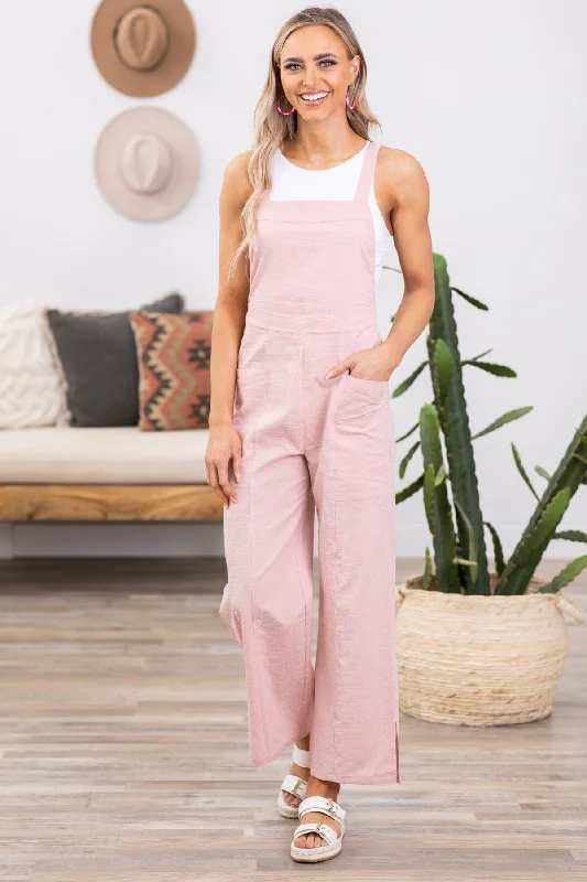 women's wide-leg jumpsuitsBlush Textured Overalls With Pockets