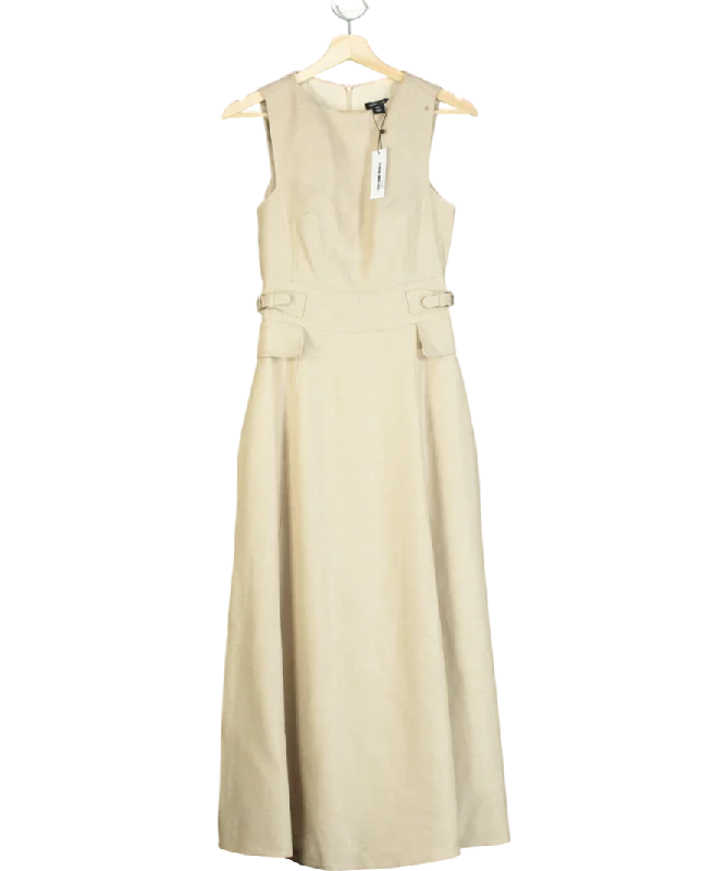 women's designer dressesKaren Millen Beige Premium Linen Tab Waist Detail Full Skirt Tailored Midi Dress UK 6