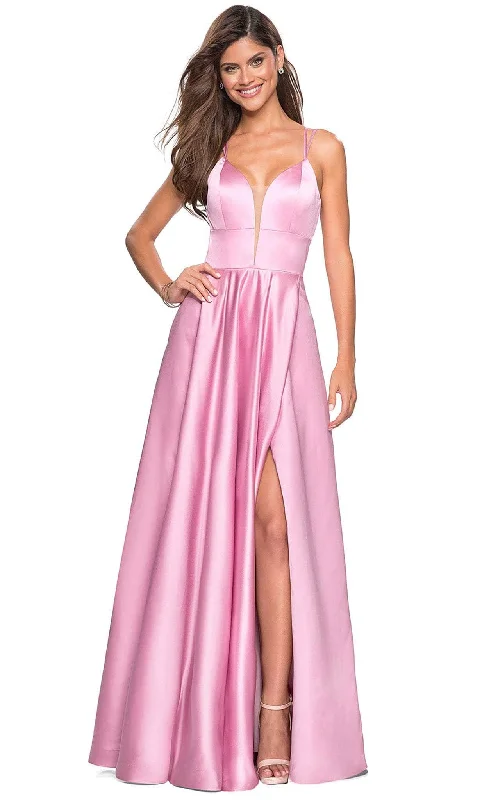 women's midi dressesLa Femme - 26994 Sexy Strappy Back Satin A-Line Evening Gown