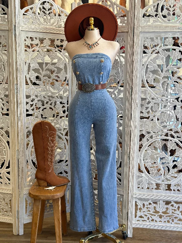 women's jumpsuits for stylish and functional fashionStrapless Denim Button Jumpsuit- Stretchy