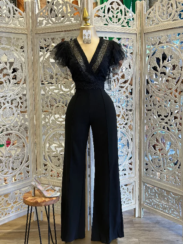 women's vintage jumpsuitsBlack Tulle Sleeve Jumpsuit