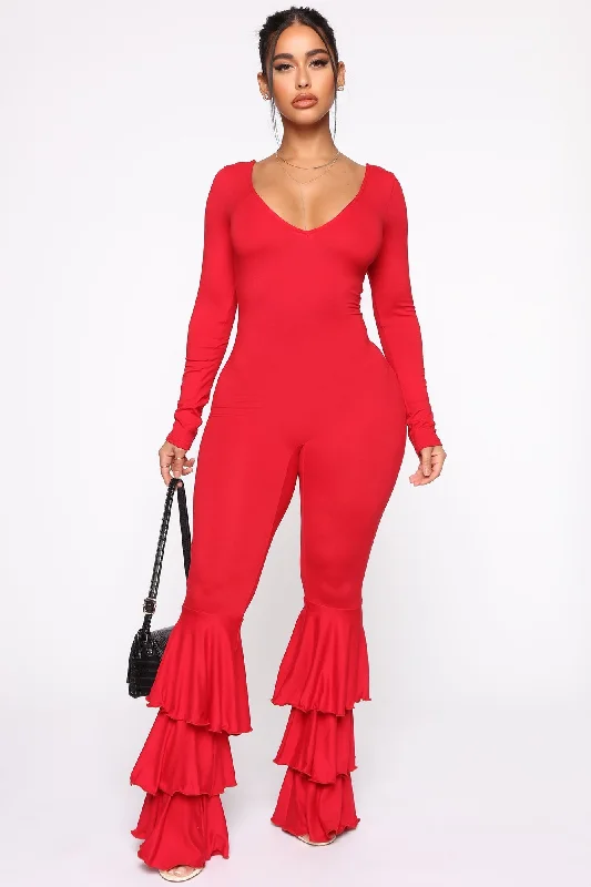 women's jumpsuits with pastel huesSeñorita Ruffle Jumpsuit - Red