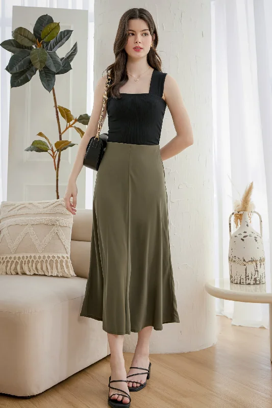 women's knitted skirtsHepburn Satin Midi Skirt in Moss Green