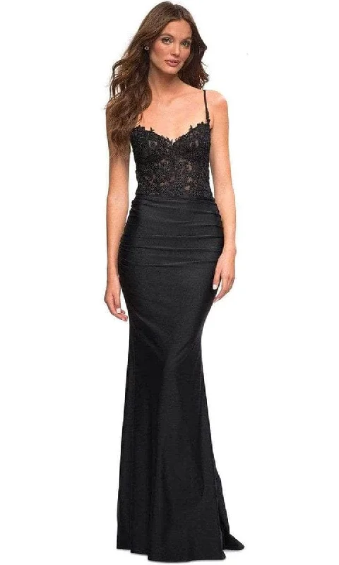 women's limited-edition dressesLa Femme - 30521SC Lace Embroidered V-neck Evening Gown - 1 pc Navy In Size 4 Available