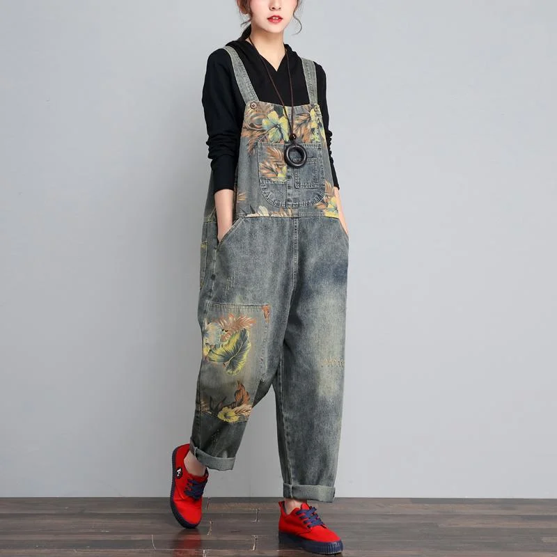 women's jumpsuits for tall womenWomen Loose Retro Printed Denim Jumpsuits