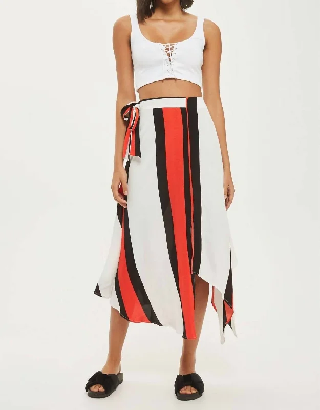 women's pajama-style formal skirtsStriped Tie Waist Asymmetrical Midi Skirt In Multicolor