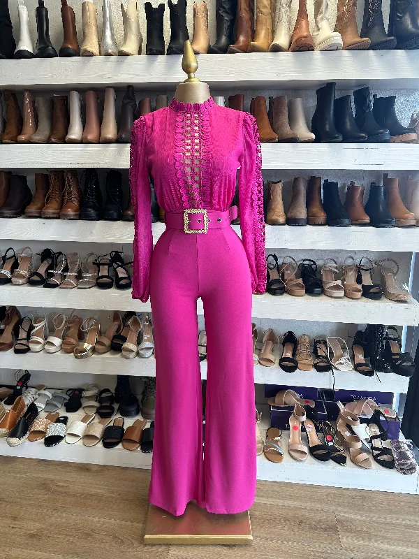 women's jumpsuits with metallic finishesHot Pink Lace Jumpsuit