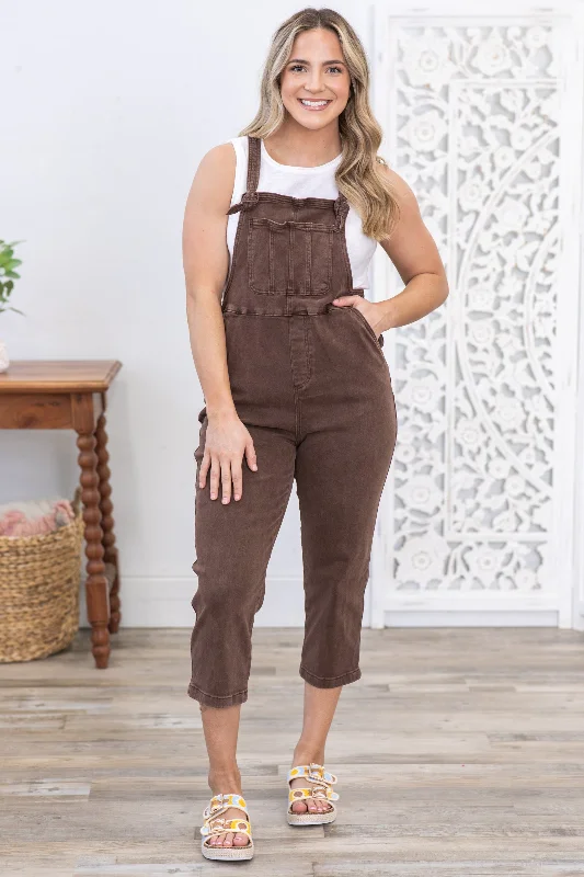 women's jumpsuits for formal eventsBrown Washed Knot Strap Relaxed Overalls