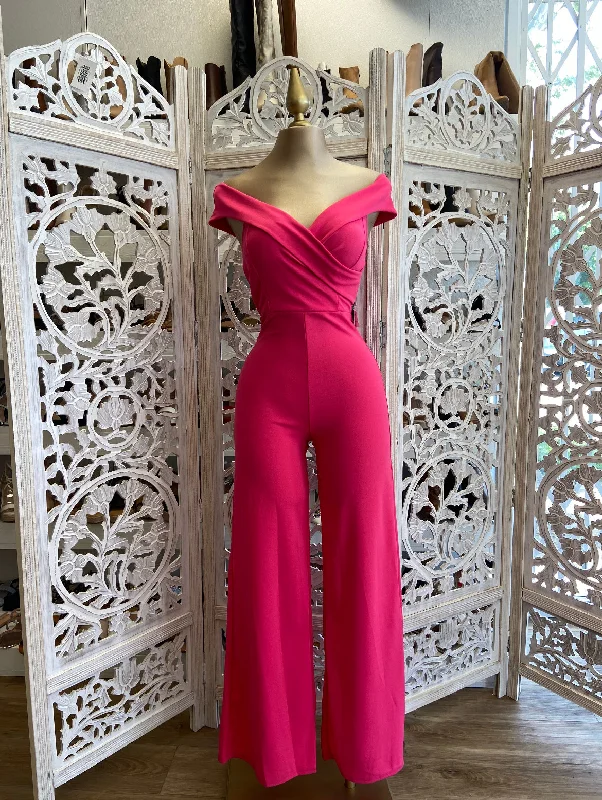 women's jumpsuits with zippersOff Shoulder Hot Pink Jumpsuit