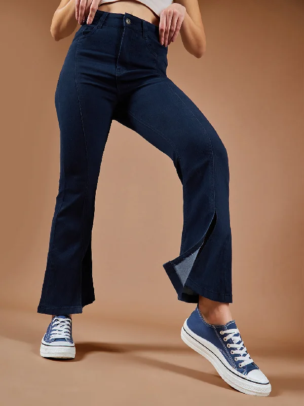 women's denim jeans for business casual24/7 Comfort Women's Navy Blue Bell Bottom Bootcut High rise Stretchable Slit Denim Jeans