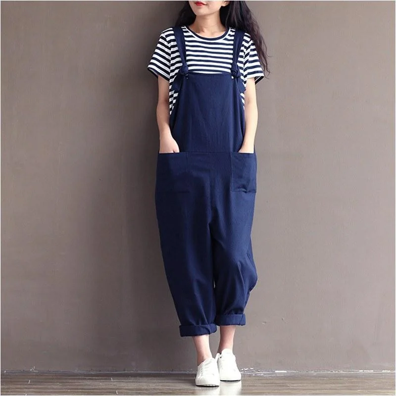 women's jumpsuits for hourglass figuresPreppy style Casual Loose Linen jumpsuit