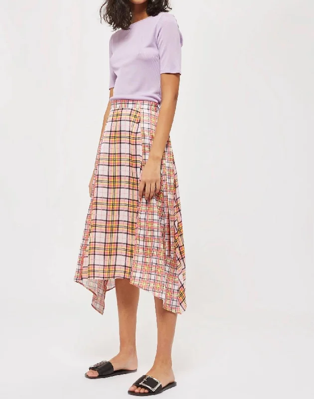 women's flowy skirtsAsymmetrical Plaid Midi Skirt In Multicolor