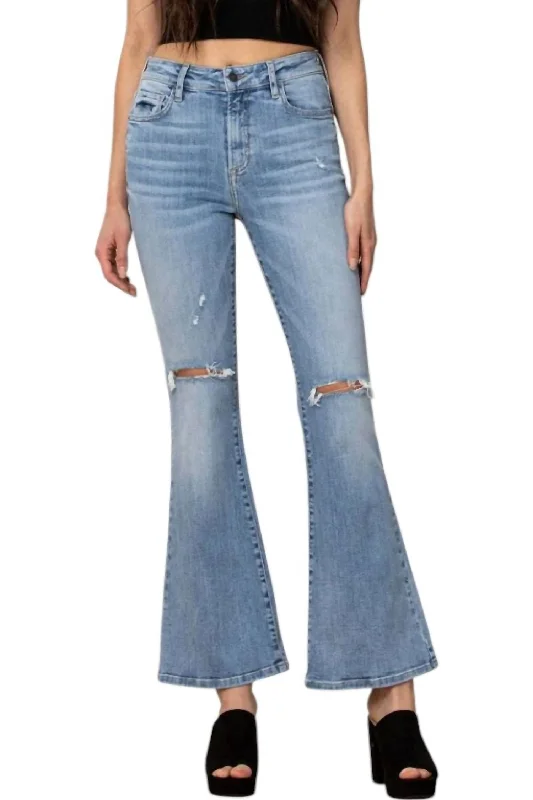 women's distressed denim jeansKiki Mid Rise Flare Jeans In Light Wash