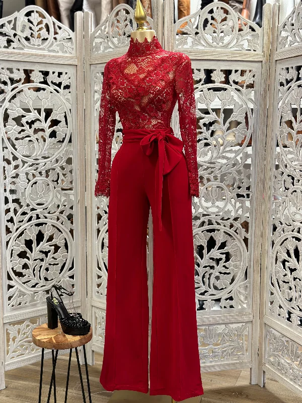 women's formal jumpsuitsRed Lace High Neck Jumpsuit