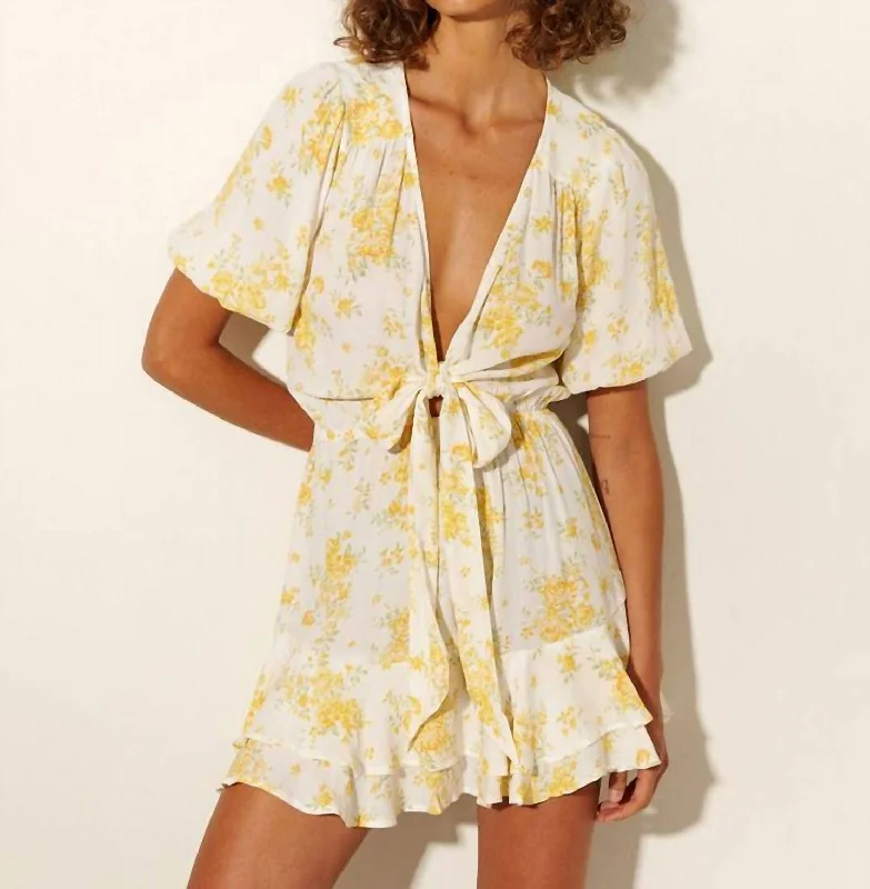 women's mini dressesMarielle Mini Tie Front Dress In Yellow Ditsy