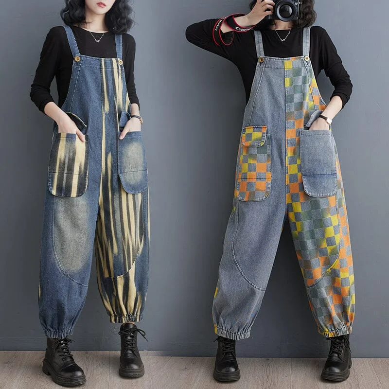 women's jumpsuits for yogaWomen Spring Casual Print Loose Denim Jumpsuit