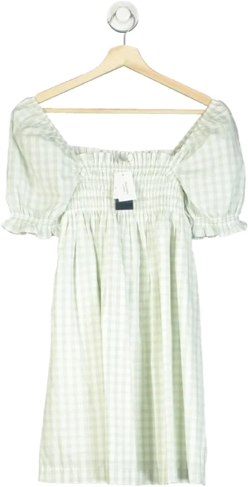 women's chiffon dressesAbercrombie & Fitch Green Gingham Puff-sleeve Mini A-line Dress UK XXS