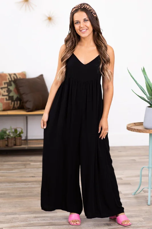 women's jumpsuits with solid colorsBlack Wide Leg V-Neck Jumpsuit