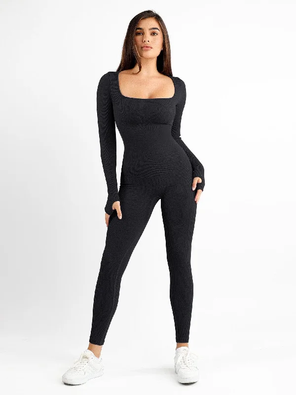 women's jumpsuits with bow tiesShapewear Seamless Thumb Hole Long Sleeve Jumpsuit