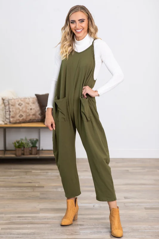 women's jumpsuits for bohemian chicOlive Knit Jumpsuit With Pockets