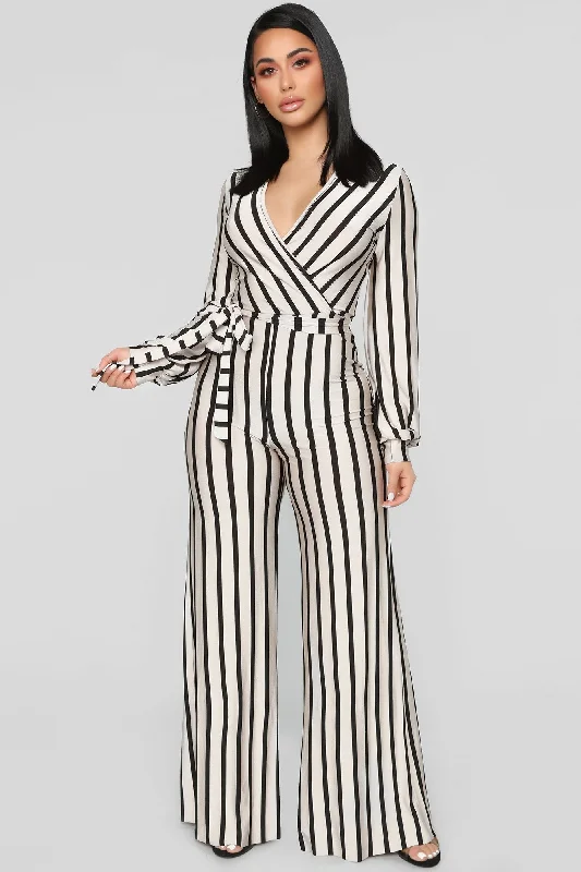 women's jumpsuits with V-necksRight Up My Alley Striped Jumpsuit - Taupe/Combo