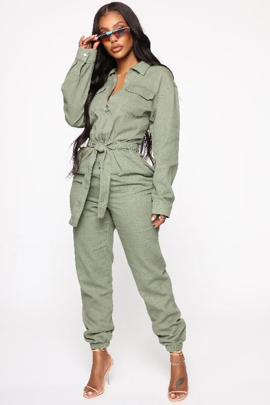 women's high-slit jumpsuitsOn Duty Jumpsuit - Olive