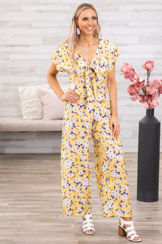 women's jumpsuits with zippersYellow Floral Flutter Sleeve Jumpsuit