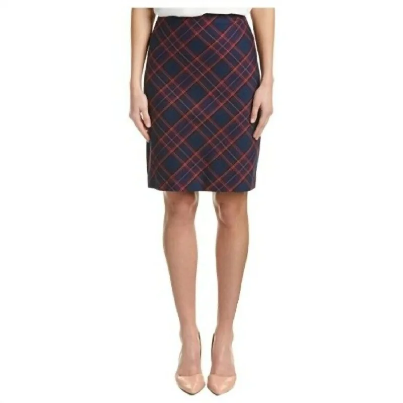 women's elastic waist skirtsCrissy Pencil Tartan Plaid Midi Skirt In Navy Blue, Pink