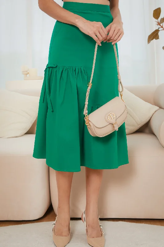 women's solid-color skirtsKate Asymmetric Midi Skirt in Kelly Green