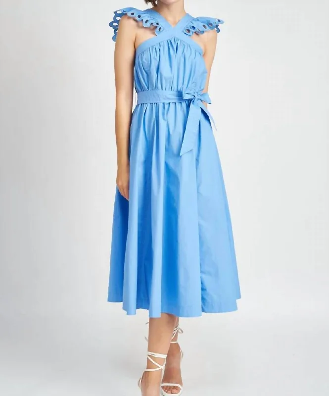 women's boho dressesCrista Ruffle Sleeve Midi Dress In Blue