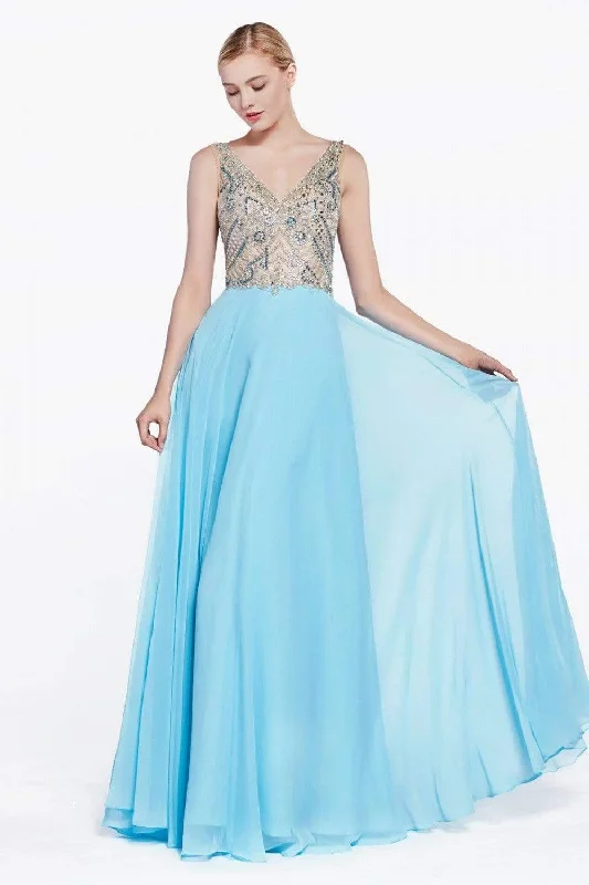 women's stretch dressesCinderella Divine - Sheer Long Bell Sleeves Beaded Chiffon Evening Gown