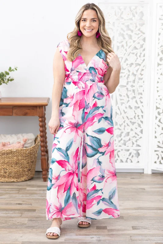 women's jumpsuits with spaghetti strapsPink Tropical Floral Print Chiffon Jumpsuit