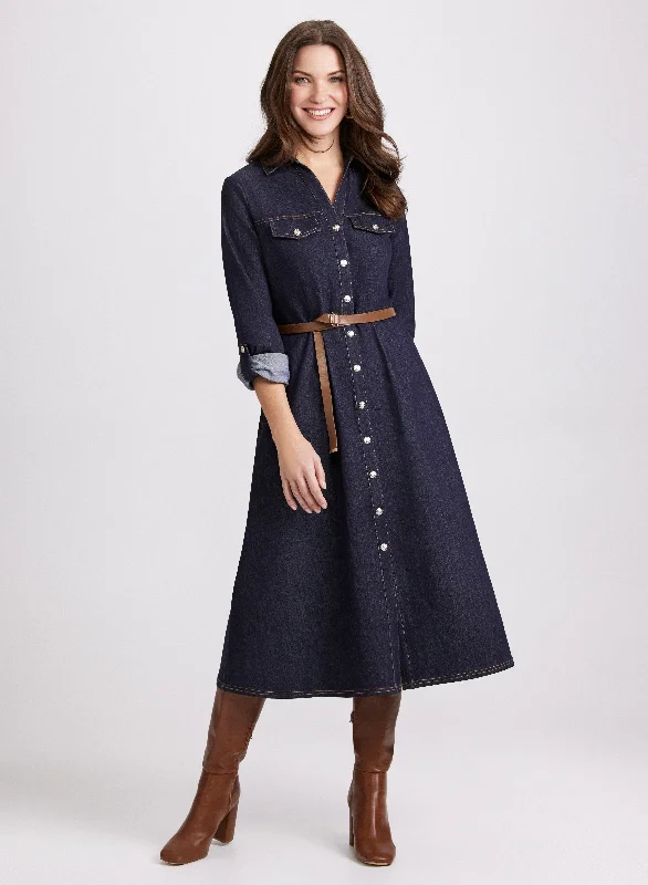 women's curve-hugging dressesBelted Denim Button-Down Midi Dress