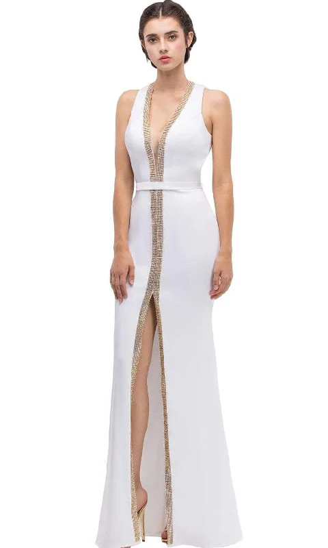 women's empire-line dressesEureka Fashion - Plunging Gold Beading Fitted Evening Dress