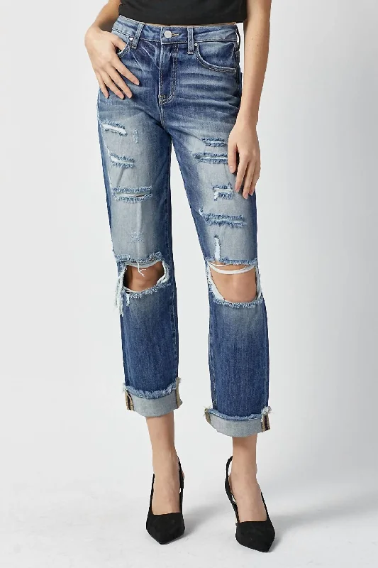 women's denim jeans with functional pocketsHigh Rise Boyfriend Destroyed Jeans In Dark Wash