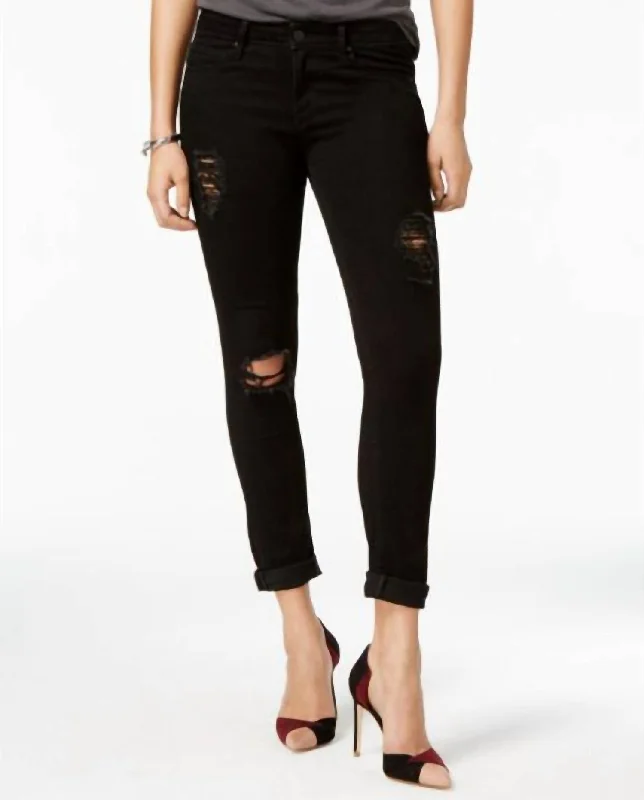 women's denim jeans for a bohemian lookKaren Cuffed Crop Ripped Skinny Jeans In Black